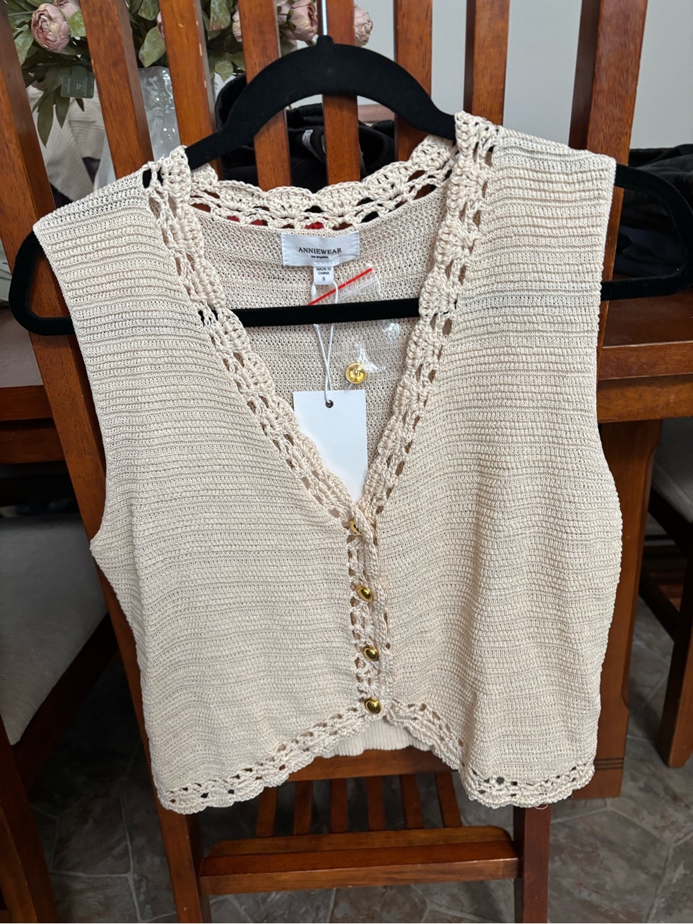 Annie Cream Crochet-Trim Knit Crop Vest